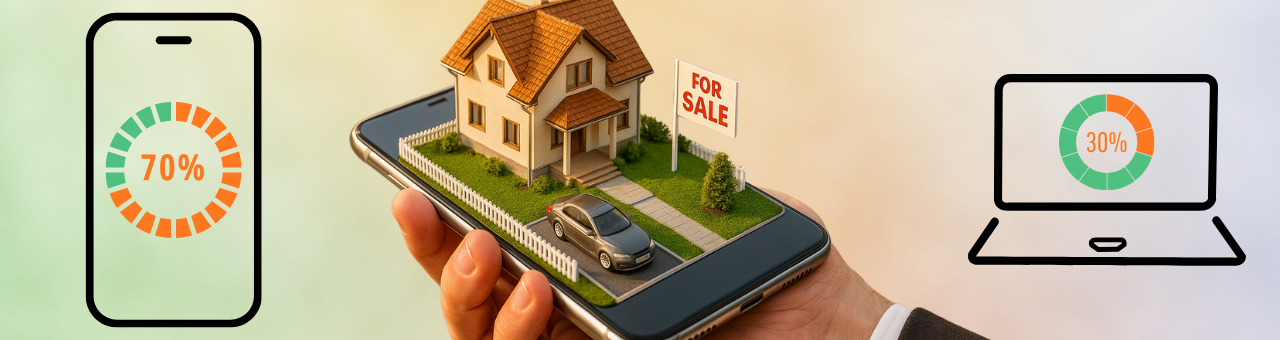 Mobile usage statistics showing 70% mobile vs 30% desktop usage in real estate searches