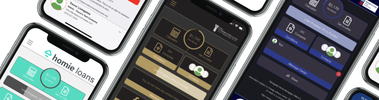 Multiple mobile app interfaces showing different branded mortgage applications with custom logos and color schemes