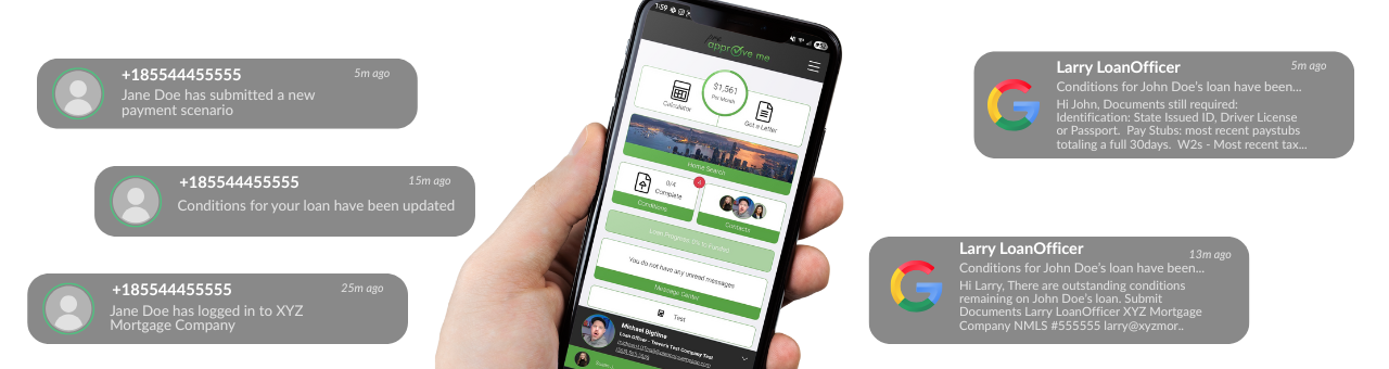 Mobile notifications showing loan officer engagement, document requests, and real-time loan updates
