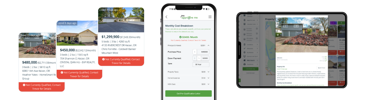 Home search interface showing property listings with integrated affordability calculations and pre-approval options